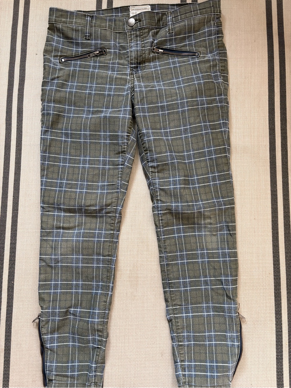 Current/Elliott Olive Plaid Chinos with Light Blue Windowpane